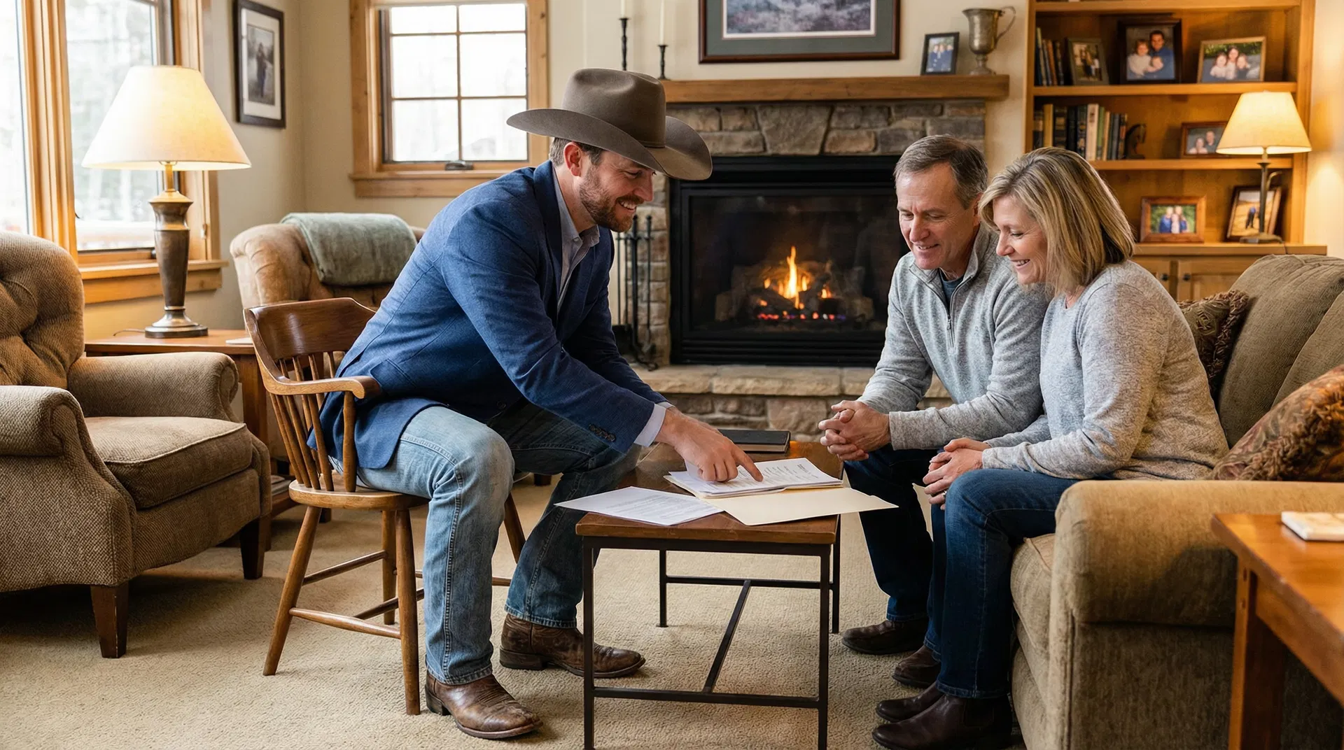 A Texas advisor sitting with a family at home